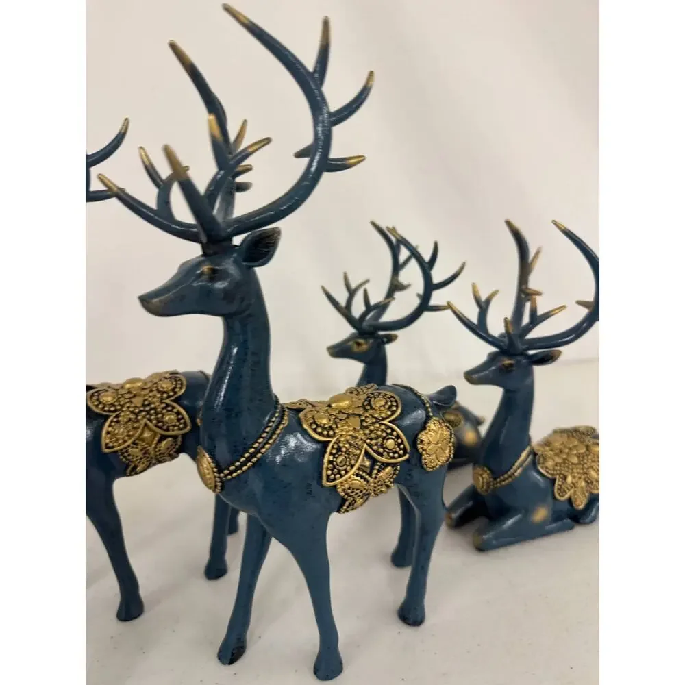Set of 6 Decorative Deer Figurines Navy Blue Gold Accents Christmas Home Decor